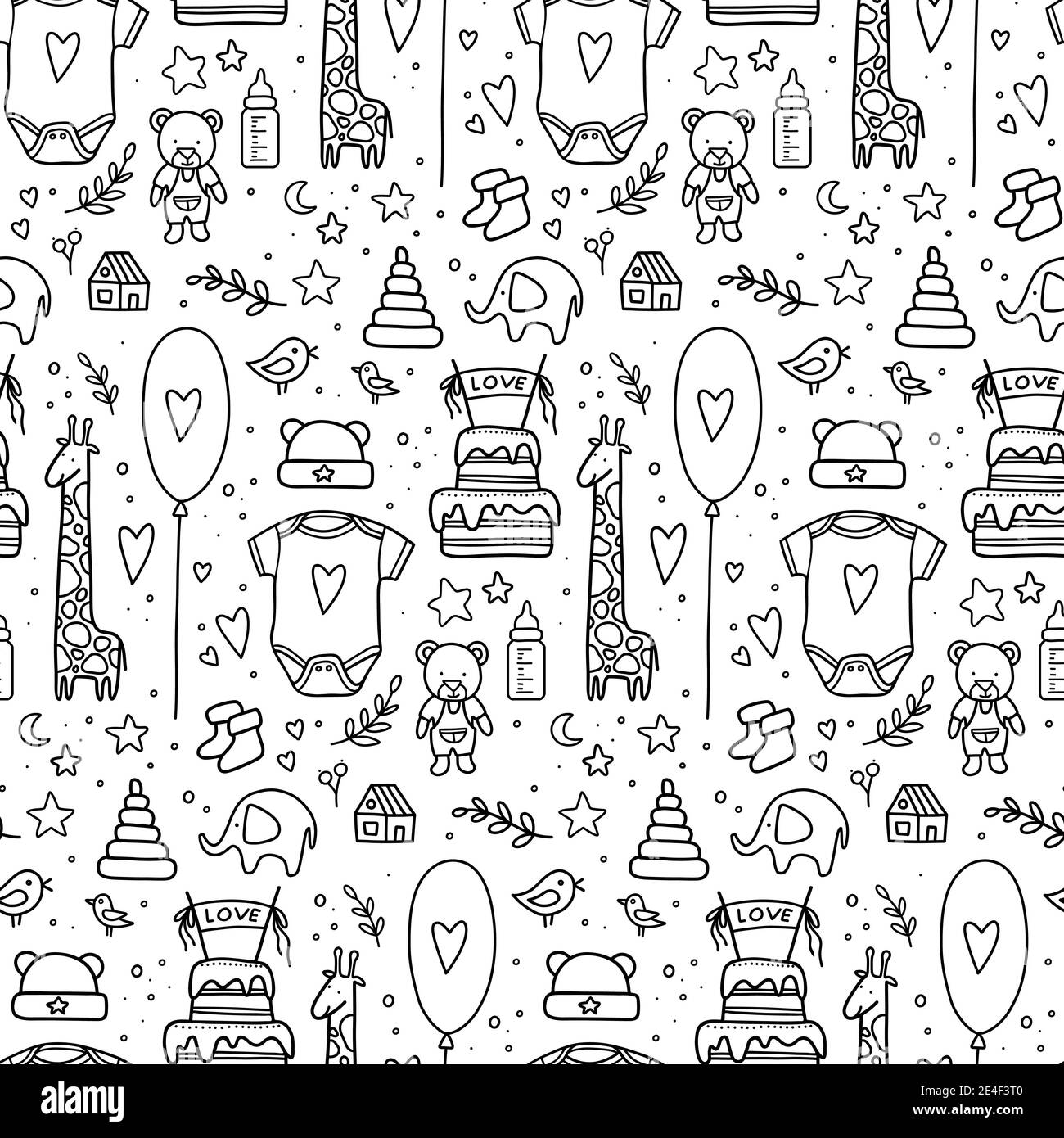 hand drawn baby seamless pattern. Vector illustration. doodle baby pattern  isolated. Kid birthday pattern with balloons, flags, toys, bottle, cake  Stock Vector Image & Art - Alamy