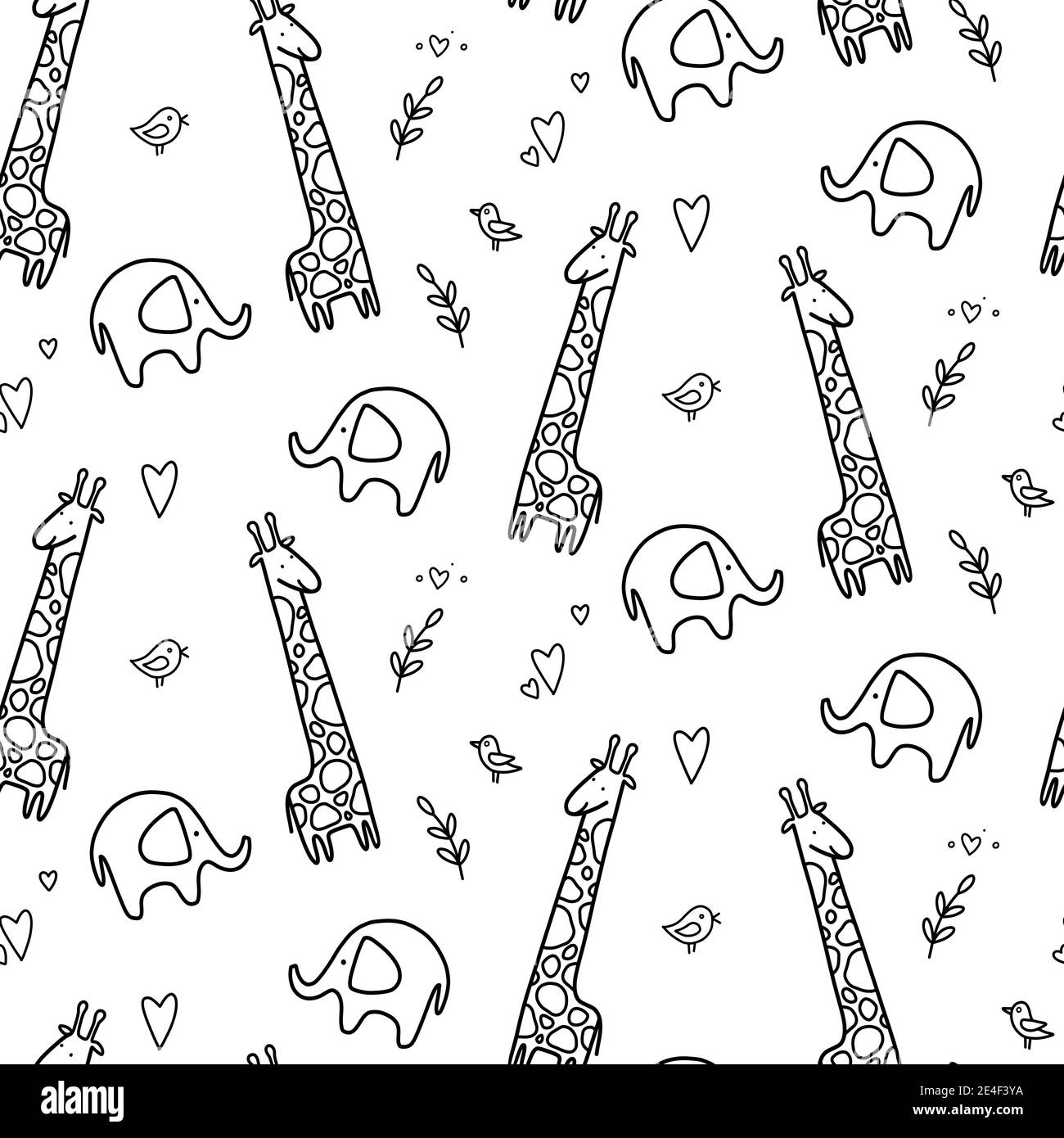 hand drawn baby seamless pattern with giraffe, elephant. Vector illustration. doodle kid pattern isolated. Kid birthday line pattern. Stock Vector