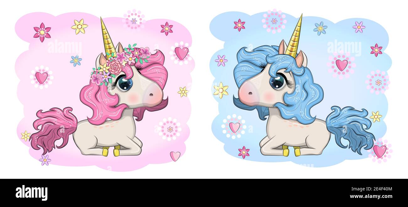 Baby Shower Greeting Card with cute Cartoon Unicorn girl and boy Stock ...
