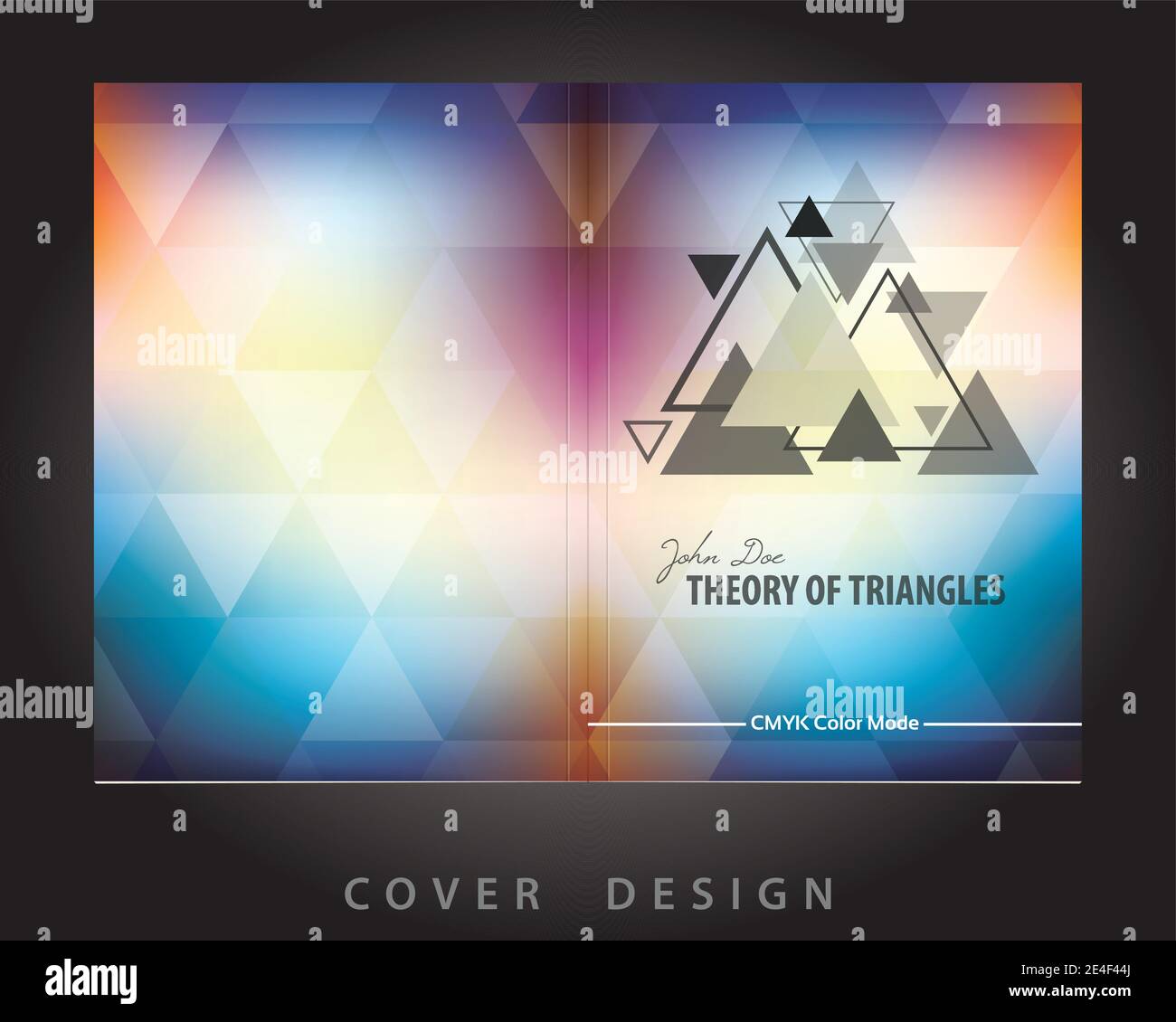 Template of abstract brochure cover design with triangles pattern. CMYK color mode. Bleeds into Clipping mask. Vector Stock Vector