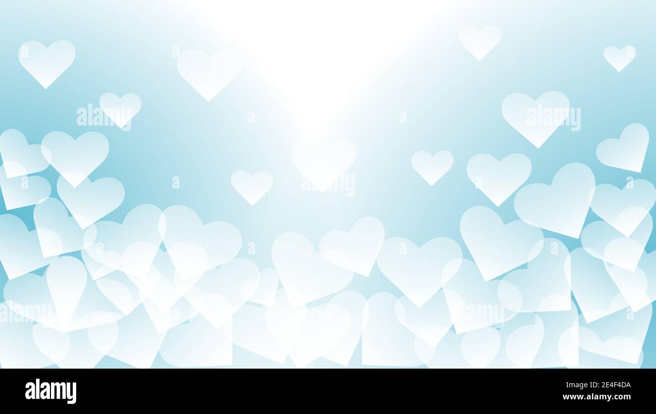 Flying white hearts on a blue background. Abstract heart bokeh as