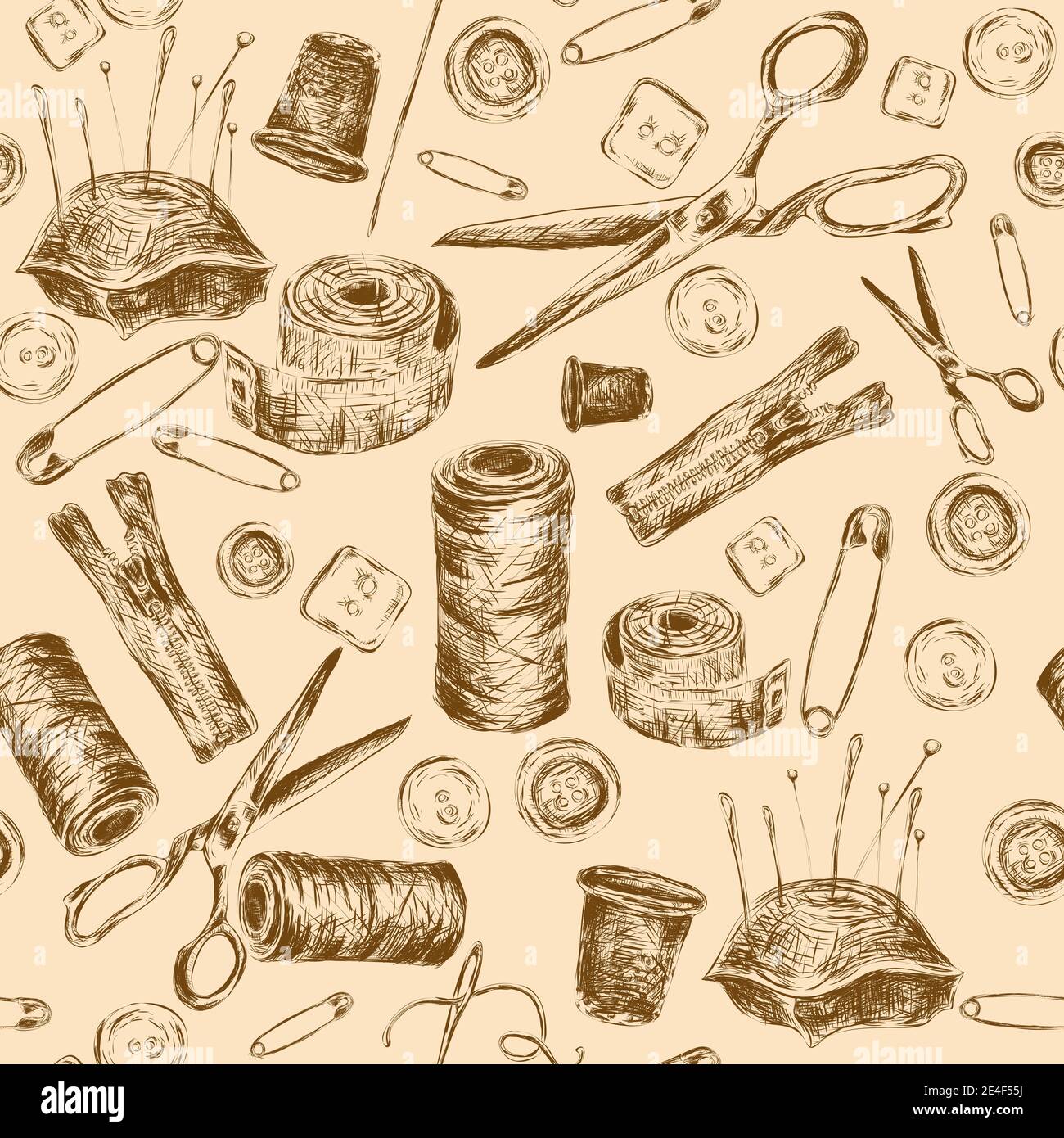 Sewing sketch seamless pattern with thread spool needle pillow scissors vector illustration. Stock Vector