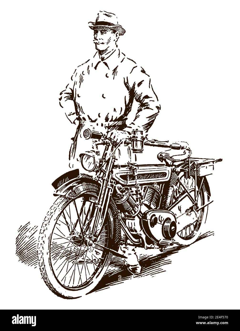 Elderly man from the early 20th century standing next to his classic motorcycle Stock Vector