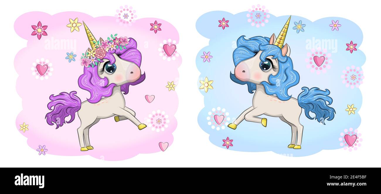 Baby Shower Greeting Card with cute Cartoon Unicorn girl and boy Stock ...