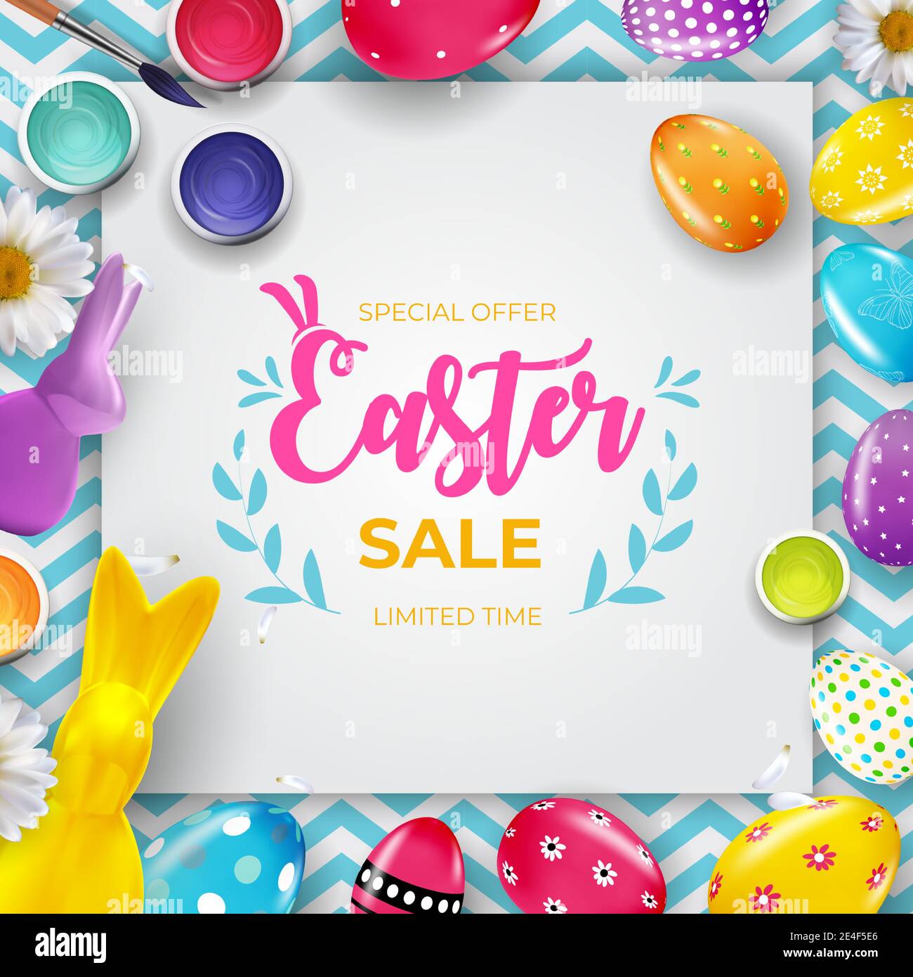 Easter sale poster template with 3d realistic Easter eggs and paint