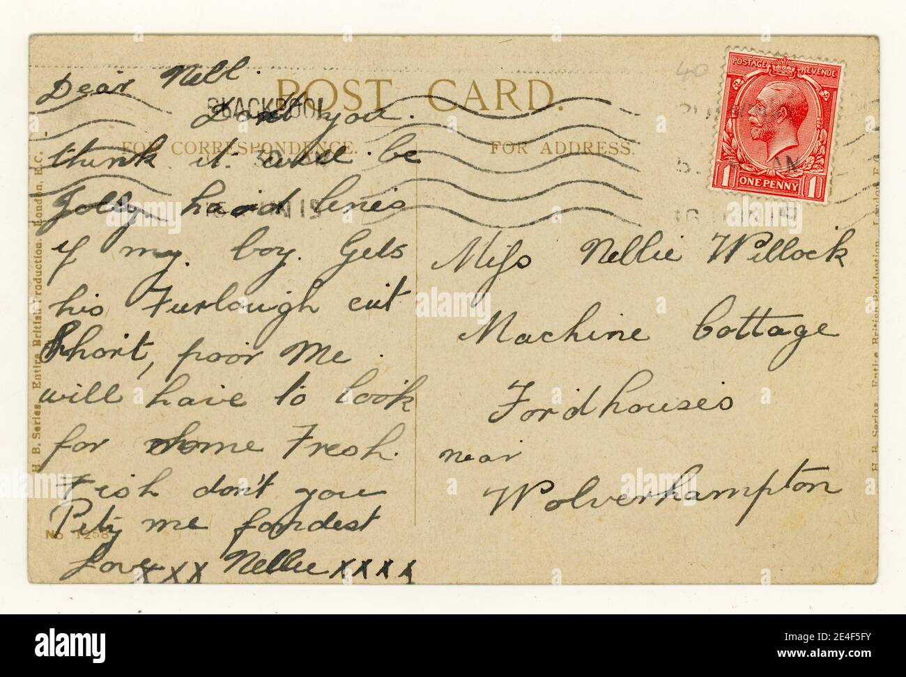 Reverse of original post WW1 era postcard, red 1d (one penny) King George V stamp, posted 16 June 1919 from Birmingham, U.K. Stock Photo