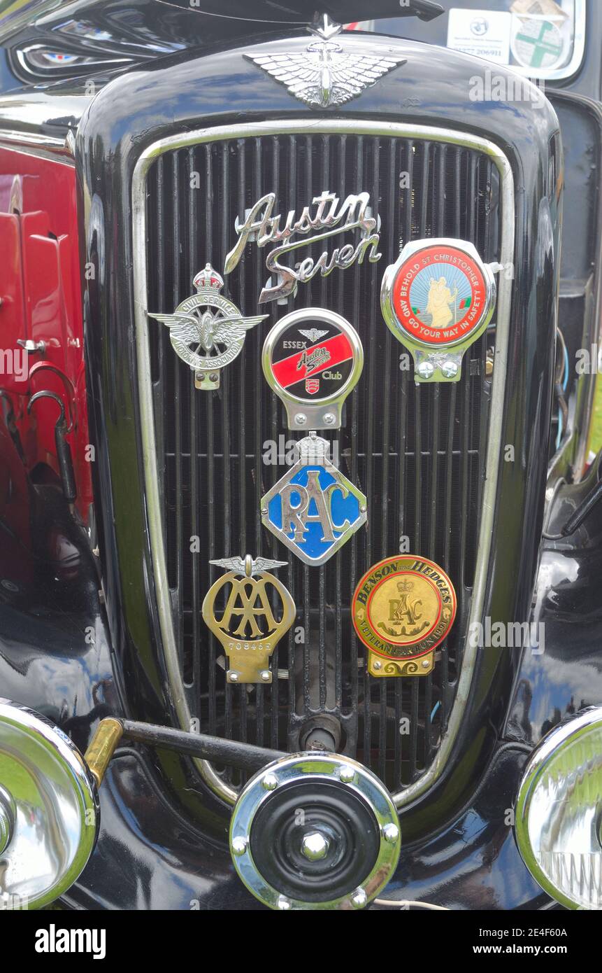 Austin Seven radiator grill with motoring badges. Stock Photo