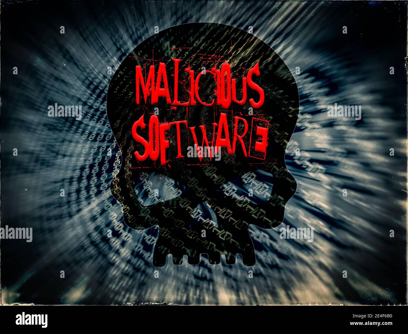 Malicious Software text written on Black Skull Stock Photo