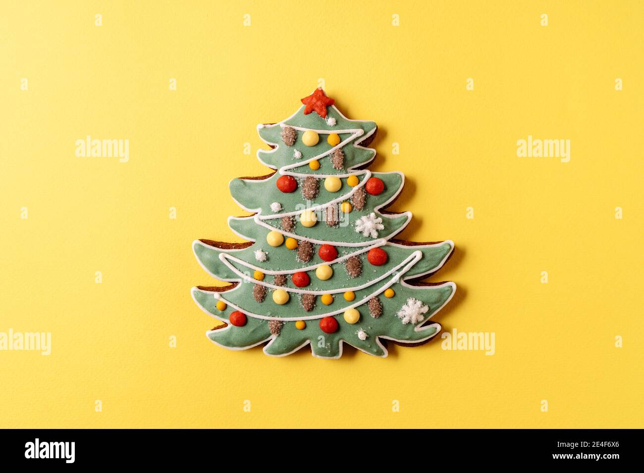 Festive Christmas and New Year gingerbread in the shape of fir tree,flat lay. Stock Photo