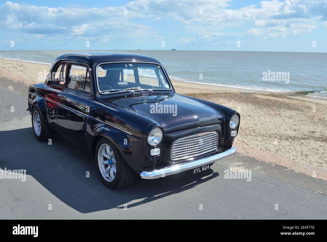 Classic Black Ford Popular in vintage car rally on Felixstowe seafront. Stock Photo