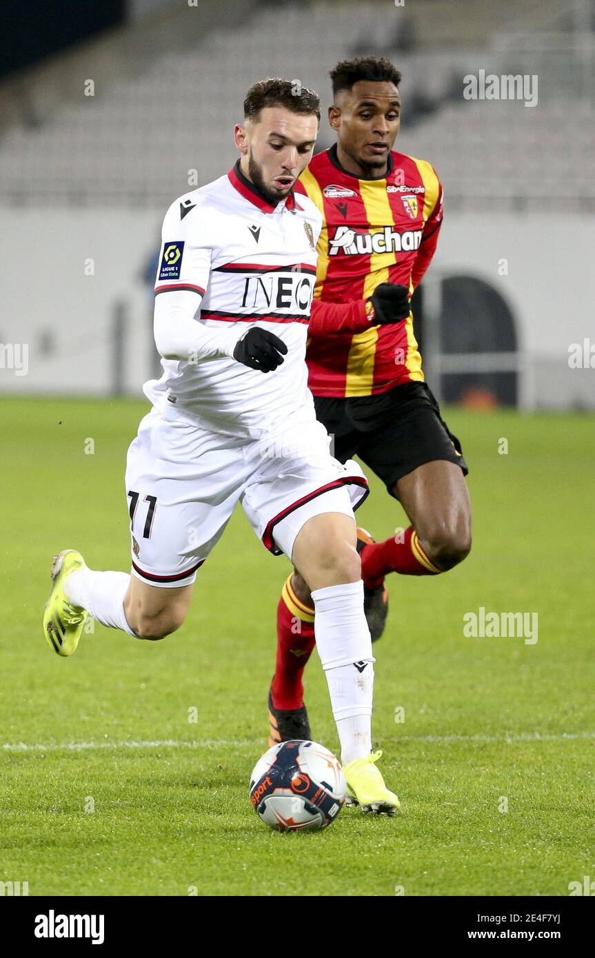 Amine Gouiri of Nice, Steven Fortes of Lens during the French championship Ligue 1 football match between RC Lens and OGC Nice on January 23, 2021 at stade Bollaert-Delelis in Lens, France - Photo Jean Catuffe / DPPI / LM Stock Photo