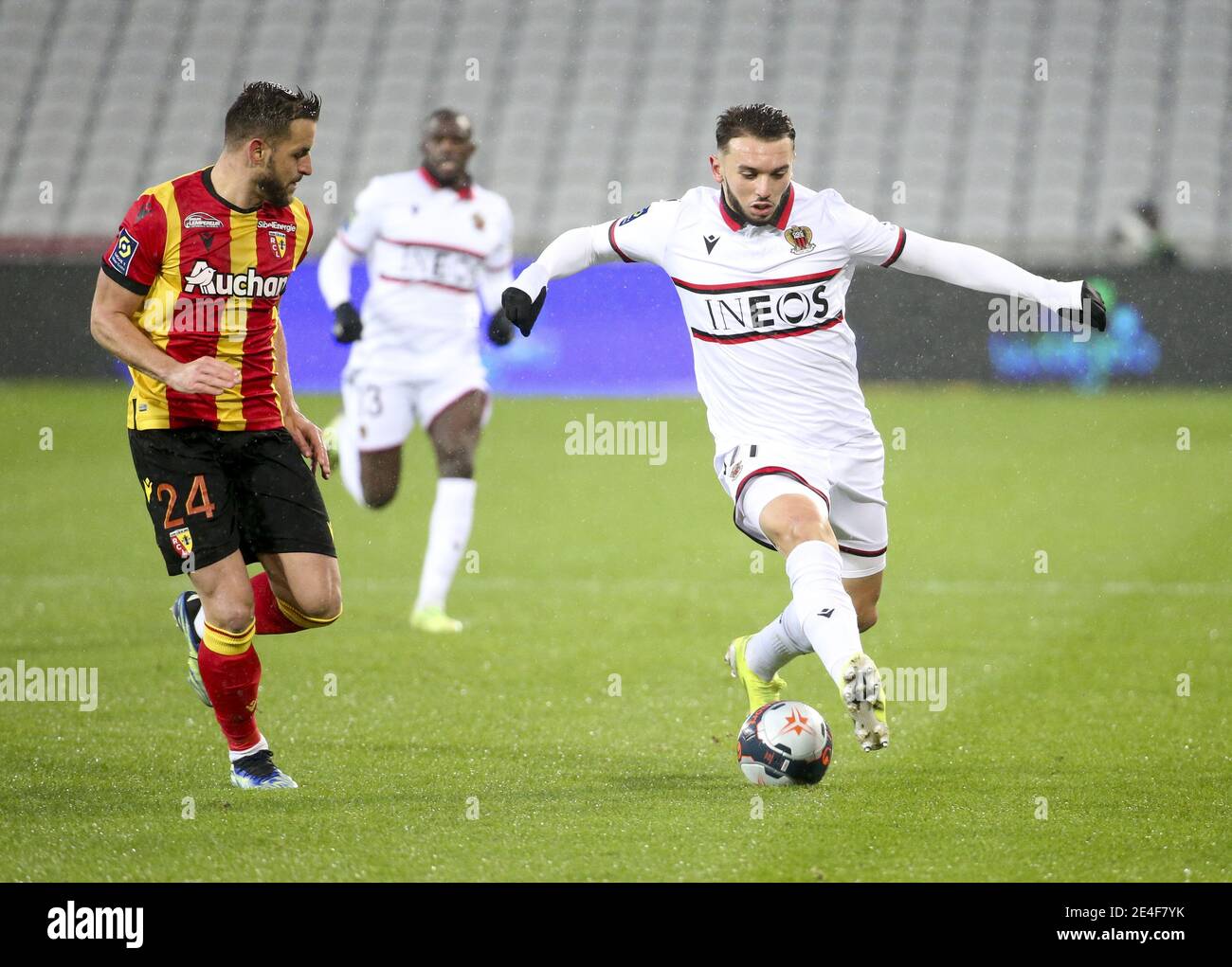 Amine Gouiri of Nice, Jonathan Gradit of Lens (left) during the French championship Ligue 1 football match between RC Lens and OGC Nice on January 23, 2021 at stade Bollaert-Delelis in Lens, France - Photo Jean Catuffe / DPPI / LM Stock Photo