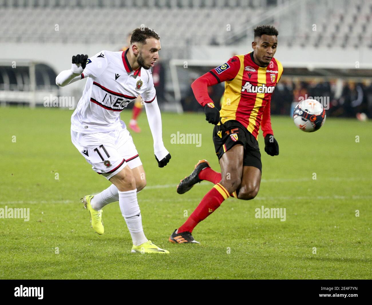 Amine Gouiri of Nice, Steven Fortes of Lens during the French championship Ligue 1 football match between RC Lens and OGC Nice on January 23, 2021 at stade Bollaert-Delelis in Lens, France - Photo Jean Catuffe / DPPI / LM Stock Photo