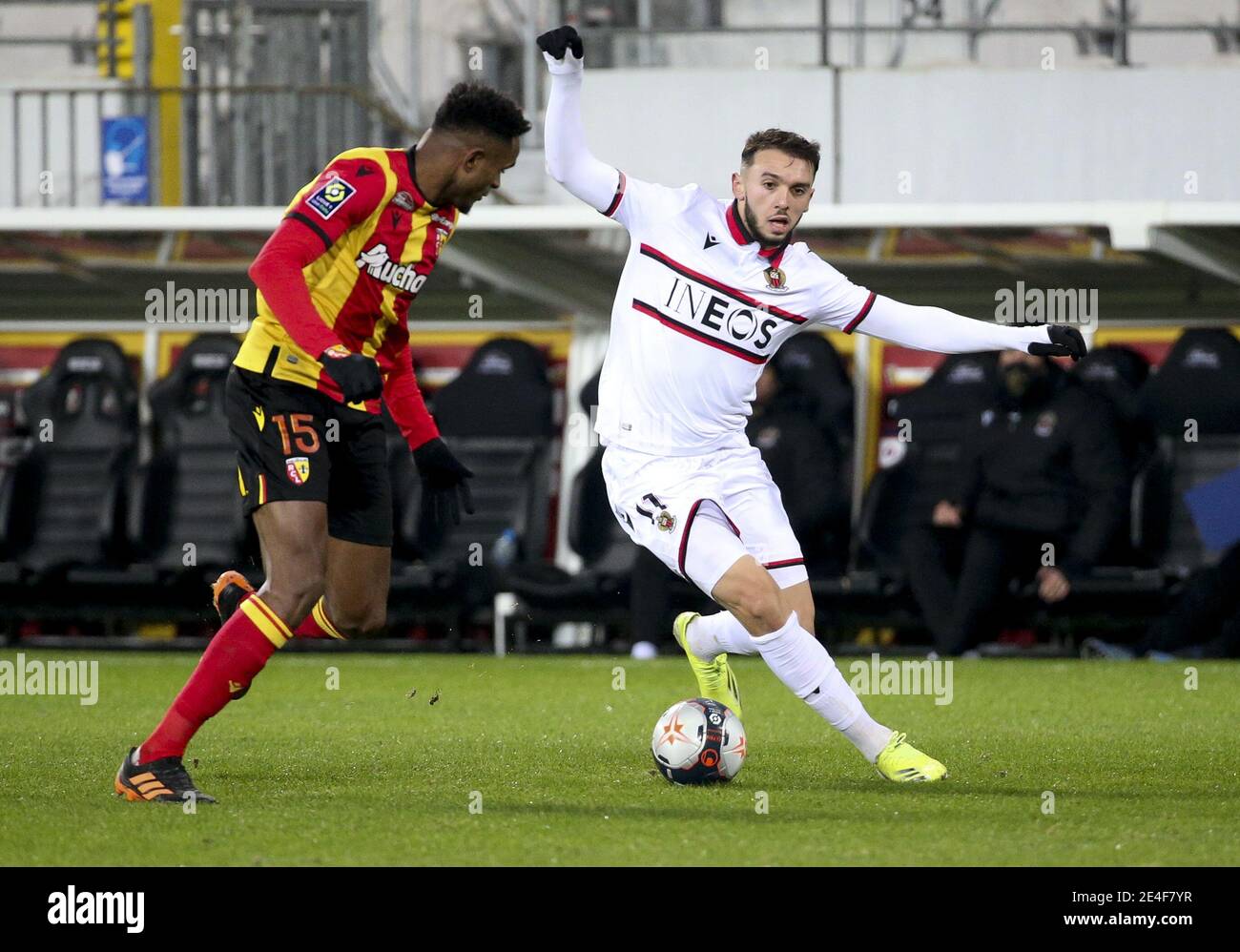 Amine Gouiri of Nice, Steven Fortes of Lens (left) during the French championship Ligue 1 football match between RC Lens and OGC Nice on January 23, 2021 at stade Bollaert-Delelis in Lens, France - Photo Jean Catuffe / DPPI / LM Stock Photo
