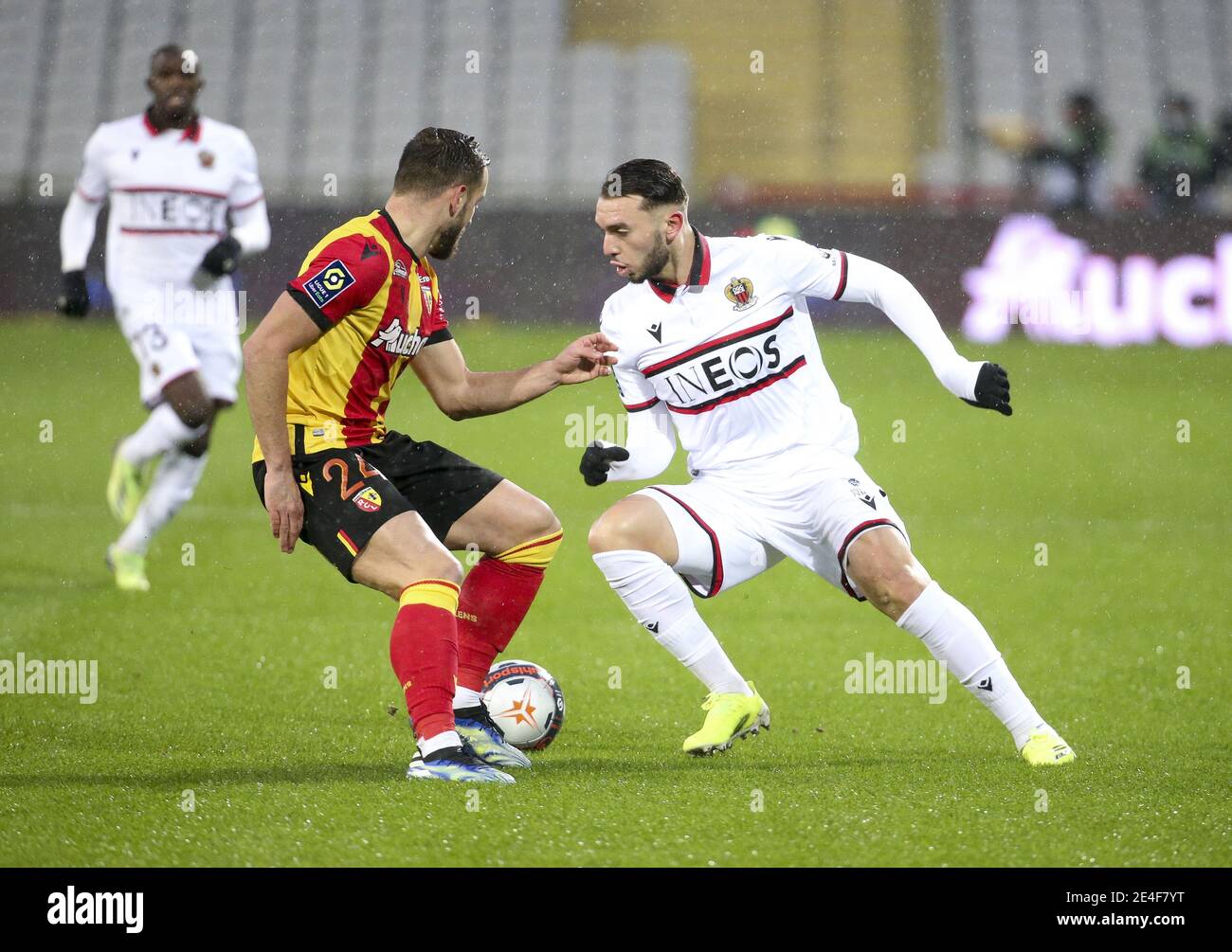 Amine Gouiri of Nice, Jonathan Gradit of Lens (left) during the French championship Ligue 1 football match between RC Lens and OGC Nice on January 23, 2021 at stade Bollaert-Delelis in Lens, France - Photo Jean Catuffe / DPPI / LM Stock Photo