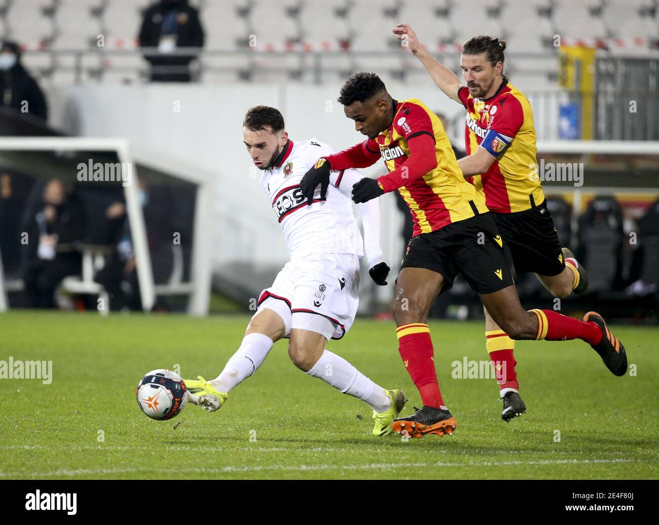 Amine Gouiri of Nice, Steven Fortes, Yannick Cahuzac of Lens during the French championship Ligue 1 football match between RC Lens and OGC Nice on January 23, 2021 at stade Bollaert-Delelis in Lens, France - Photo Jean Catuffe / DPPI / LM Stock Photo