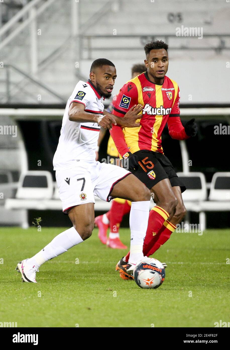 Myziane Maolida of Nice, Steven Fortes of Lens during the French championship Ligue 1 football match between RC Lens and OGC Nice on January 23, 2021 at stade Bollaert-Delelis in Lens, France - Photo Jean Catuffe / DPPI / LM Stock Photo