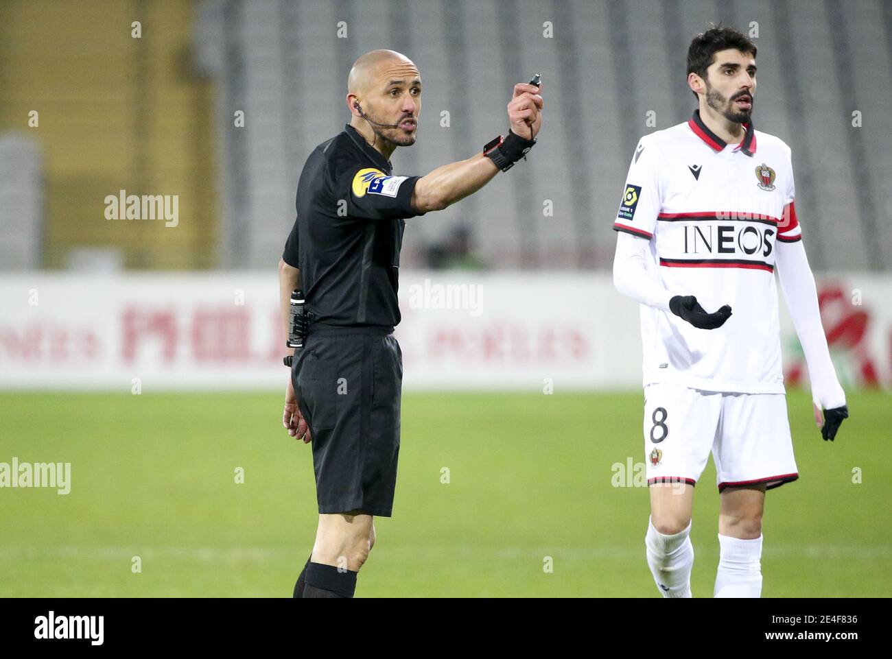Referee Hakim Ben El Hadj, Pierre Lees-Melou of Nice during the French championship Ligue 1 football match between RC Lens and OGC Nice on January 23, 2021 at stade Bollaert-Delelis in Lens, France - Photo Jean Catuffe / DPPI / LM Stock Photo