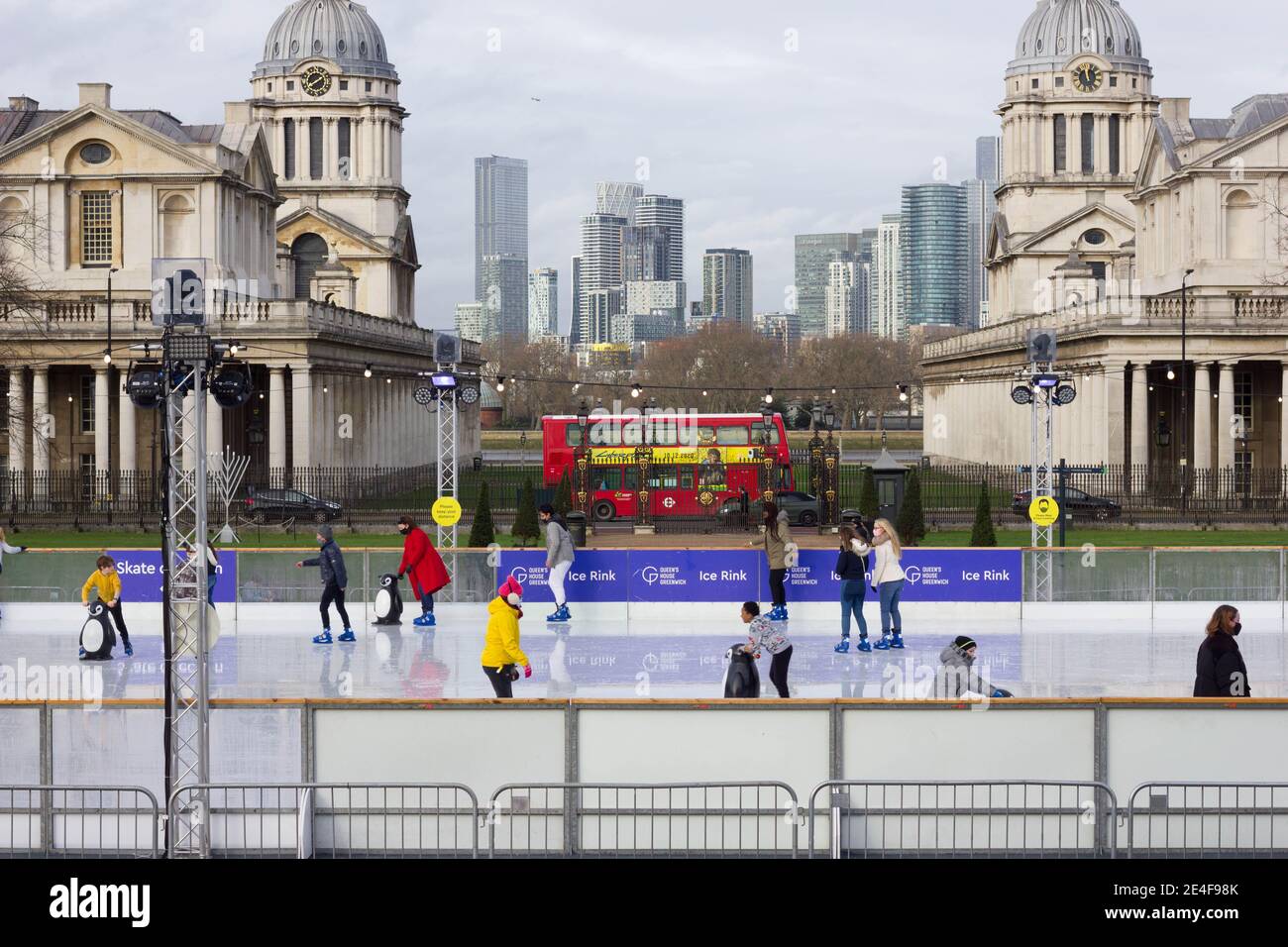 ice skating in cutty sark outside queen house, over looking canary