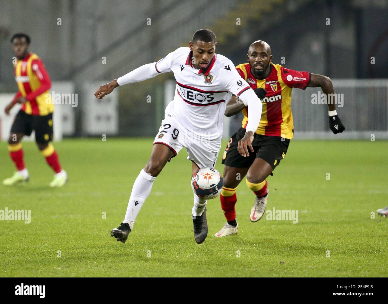 Jeff Reine-Adelaide of Nice, Seko Fofana of Lens during the French championship Ligue 1 football match between RC Lens and OGC Nice on January 23, 2021 at stade Bollaert-Delelis in Lens, France - Photo Jean Catuffe / DPPI / LM Stock Photo
