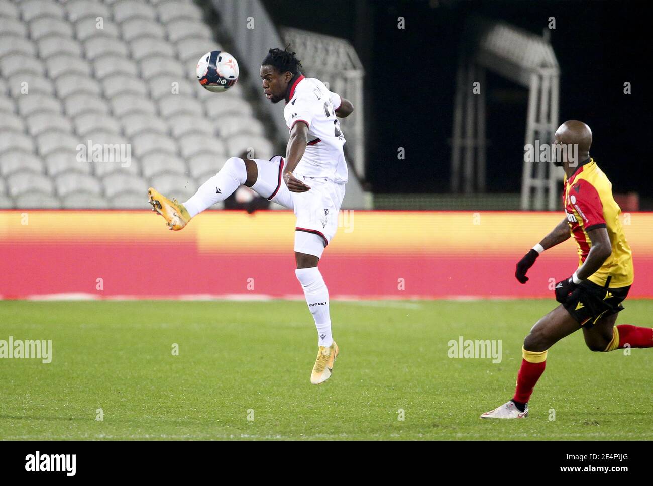 Jordan Lotomba of Nice during the French championship Ligue 1 football match between RC Lens and OGC Nice on January 23, 2021 at stade Bollaert-Delelis in Lens, France - Photo Jean Catuffe / DPPI / LM Stock Photo