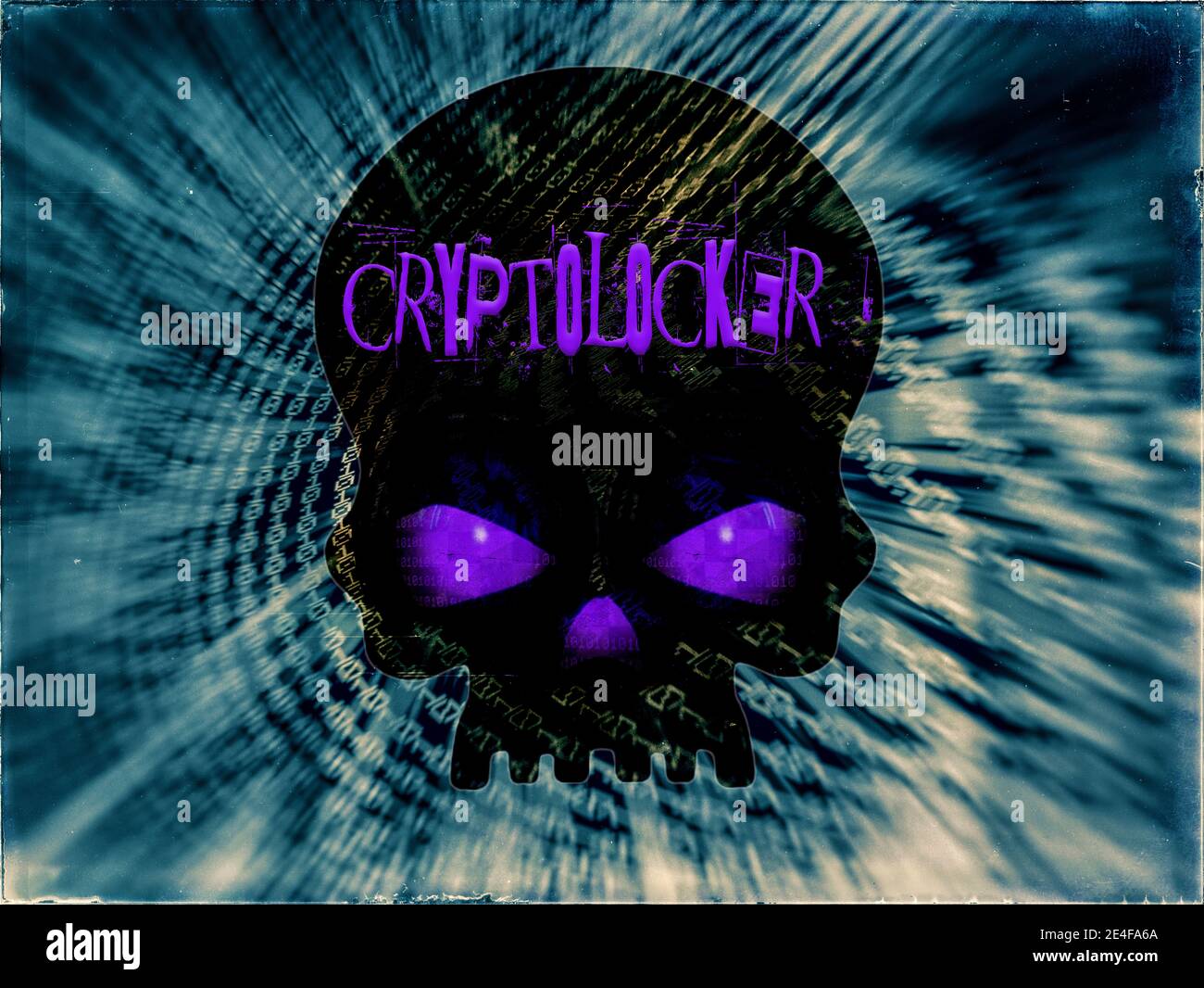 A computer Ransomware attack, CryptoLocker written across a black skull with glowing purple demon eyes, on Binary code warped blue background Stock Photo