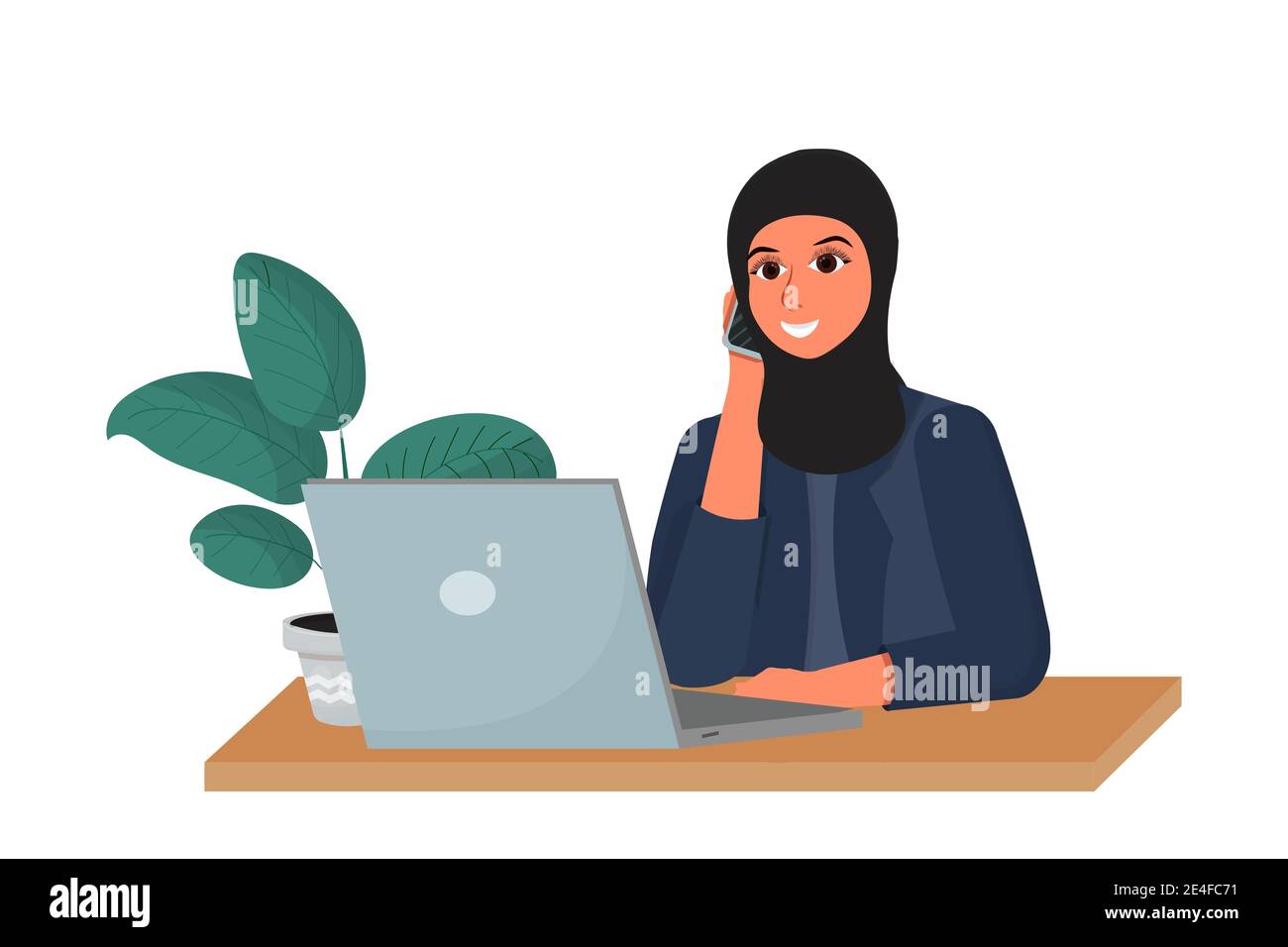 Arab woman in hijab on working place talking by phone and smiling isolated on white background stock vector illustration. Corporate employer, manager Stock Vector