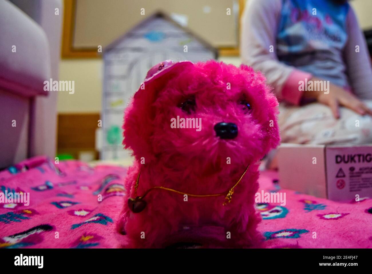 Pink dog toy with girl on background, children toys with pink colors. Little pink toy dog. Stock Photo