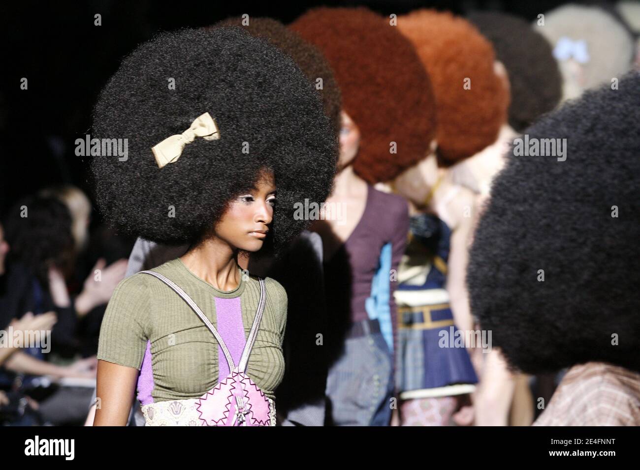 Models display creations by designer Marc Jacobs for Louis Vuitton Spring-Summer  2010 ready-to-wear collection show held at the Cour Carree du Louvre in  Paris, France, on October 7, 2009. Photo by Alain