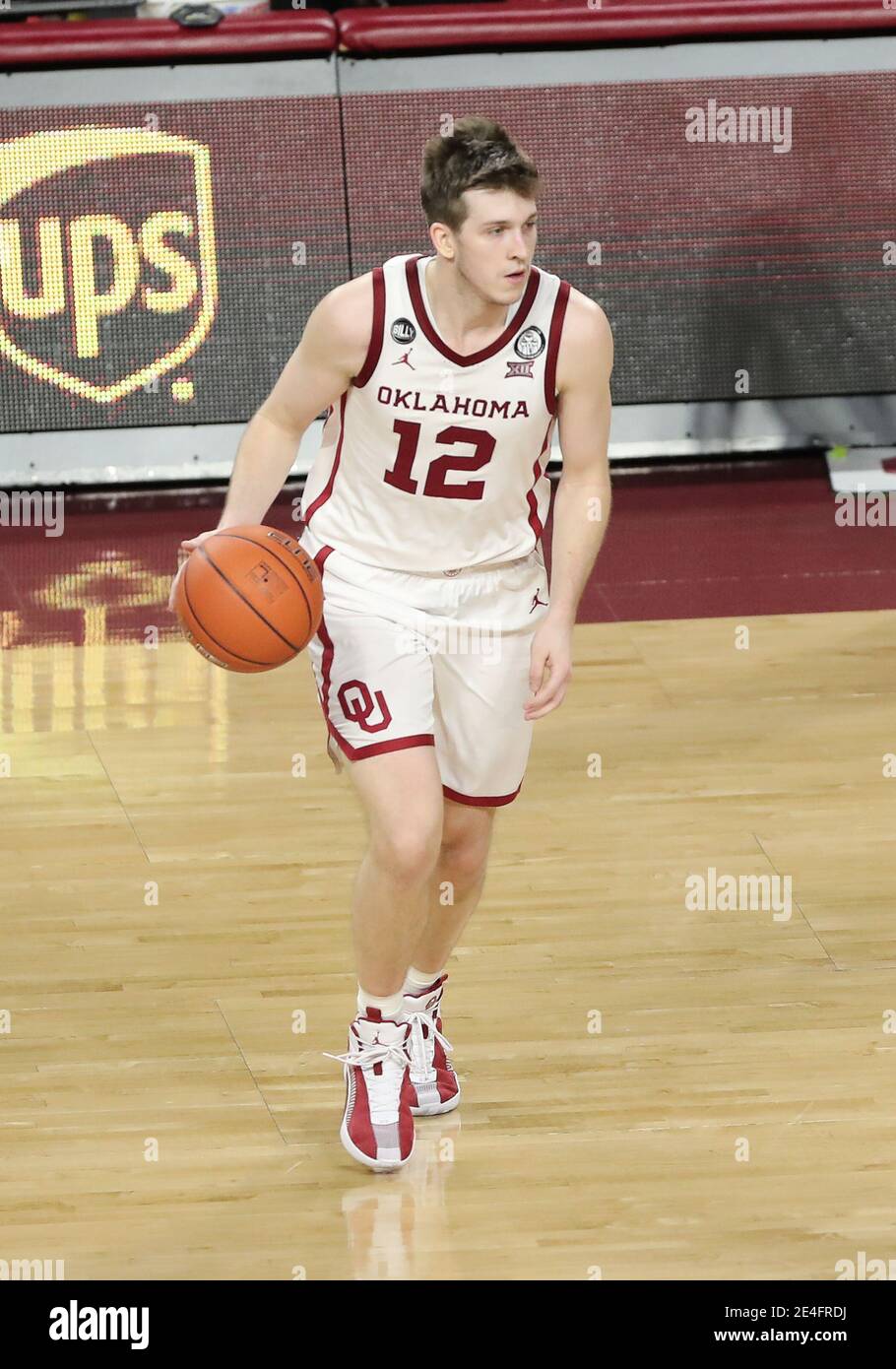 Norman, OK, USA. 23rd Jan, 2021. Oklahoma Sooners guard Austin Reaves (12) dribbles the ball during a basketball game between the Kansas Jayhawks and Oklahoma Sooners at Lloyd Noble Center in Norman, OK. Gray Siegel/CSM/Alamy Live News Stock Photo