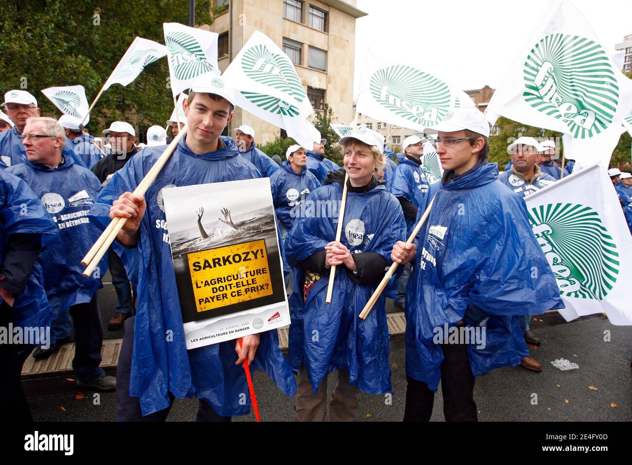 French farmers demonstrate in Lille on October 16, 2009 to protest against their living conditions and the fall in prices of agricultural products. Farmers are holding a national day of protest in several French cities appealed by the National Federation Stock Photo