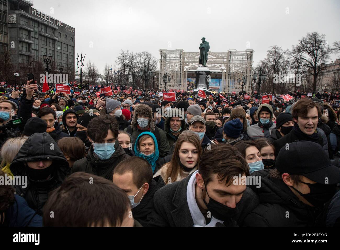 Moscow, Russia. 23rd of January, 2021 General view of the Pushkinskaya square where crowds gather in support of Alexey Navalny, Russian opposition leader, during a demonstration in Moscow, Russia Stock Photo