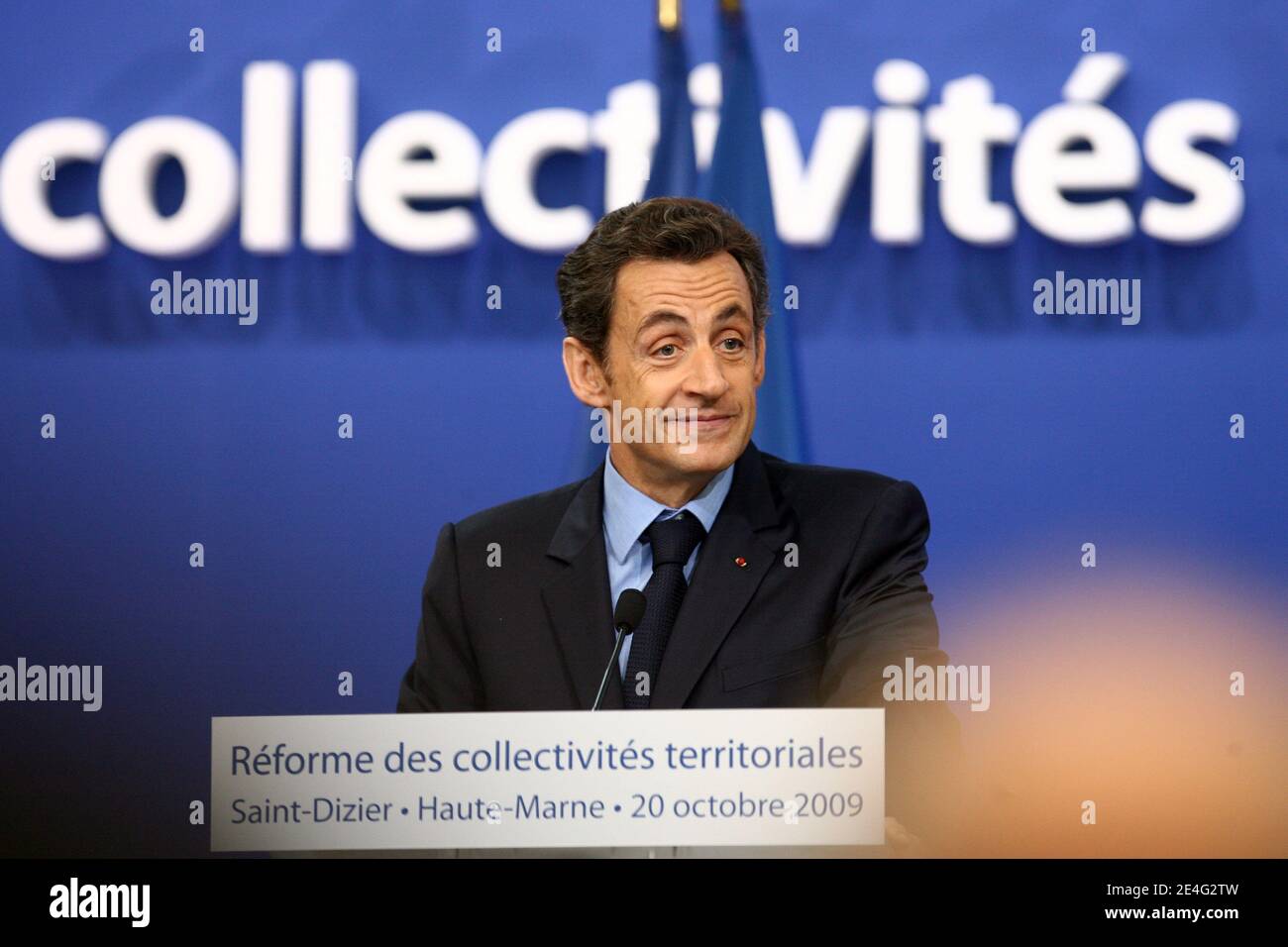 French President Nicolas sarkozy delivers a speech after a visit in a foundry in Saint-Dizier, eastern France, on October 20, 2009 as part of a one-day trip focused on a local government reform. Photo by Mathieu Cugnot/ABACAPRESS.COM Stock Photo