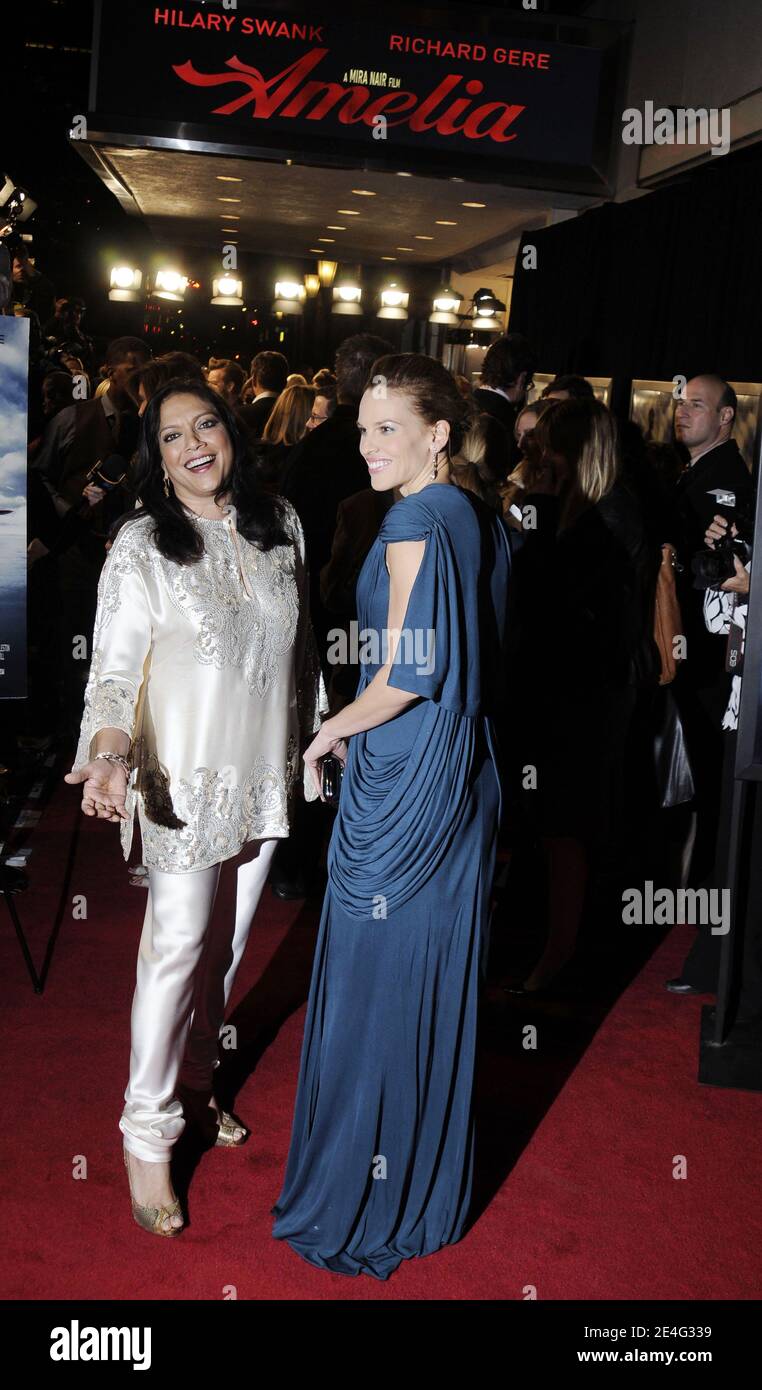 Director Mira Nair and actress Hilary Swank attend the world premiere of 'Amelia presented by Bloomingdale's and Vanity Fair at the Paris theater in New York City, NY, USA on October 20, 2009. Photo by Fernando Leon/ABACAPRESS.COM (Pictured: Mira Nair, Hilary Swank) Stock Photo