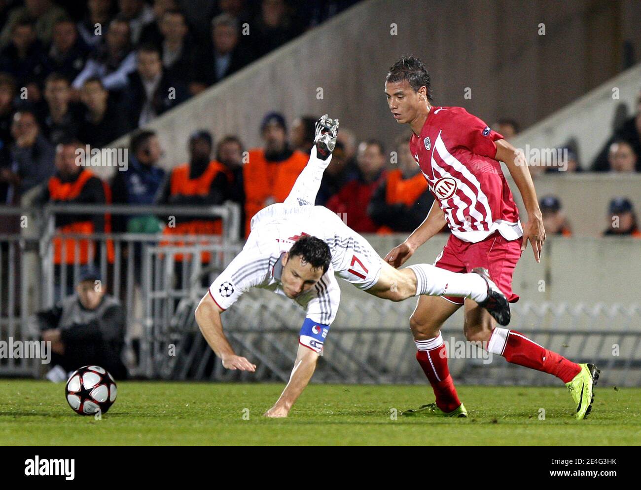 Bordeaux's Marouane Chamakh tackles Bayern Munich's Mark Van Bommel during  the UEFA Champions League Soccer Match, Group A , Girondins de Bordeaux vs  FC Bayern Munich at the Stade Chaban-Delmas in Bordeaux,