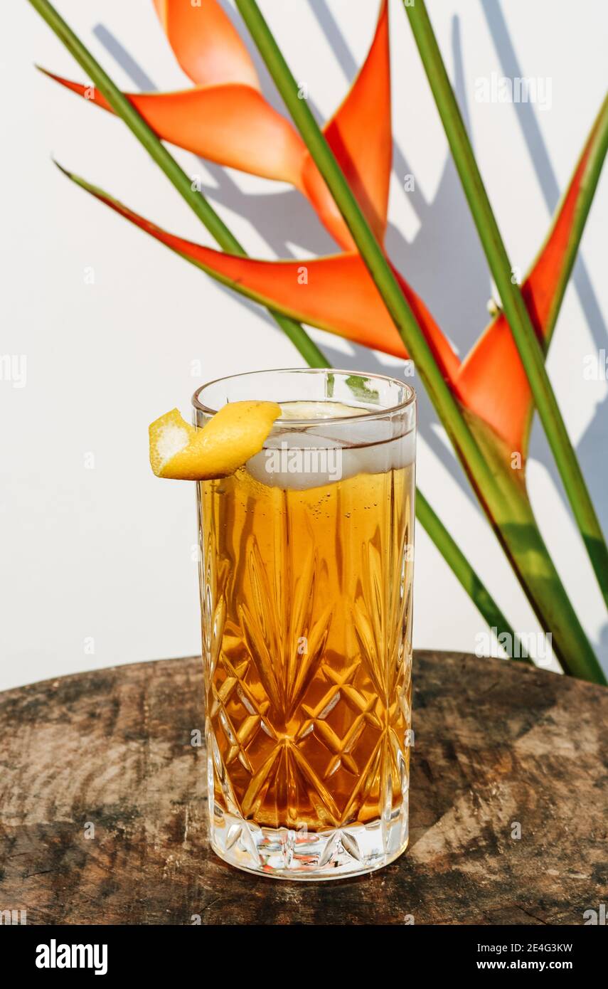 Ice tea in a cocktail glass standing on a wooden table in front of a white wall outside with shadows of a palm leaf plant in the background Stock Photo
