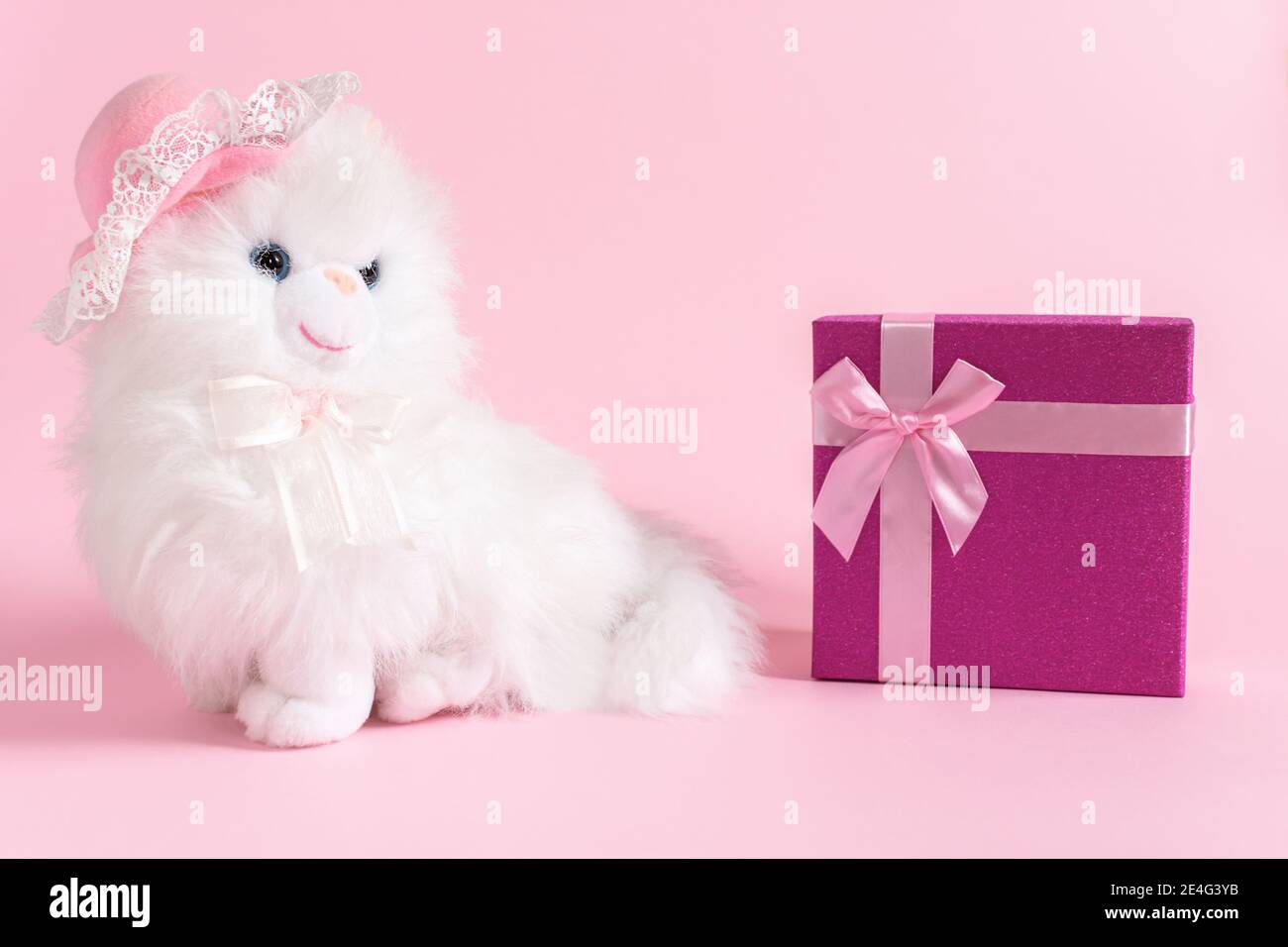 White soft toy cat in a pink cap on a pink background. A gift for Valentine's Day, birthday. The concept of love, tenderness and romance. Children's t Stock Photo