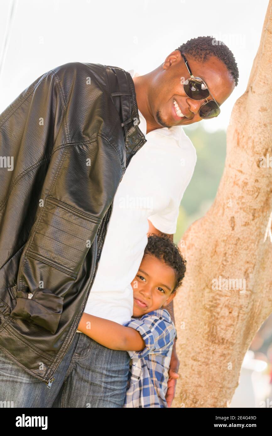Happy African American Father and Mixed Race Son Playing At The Park ...