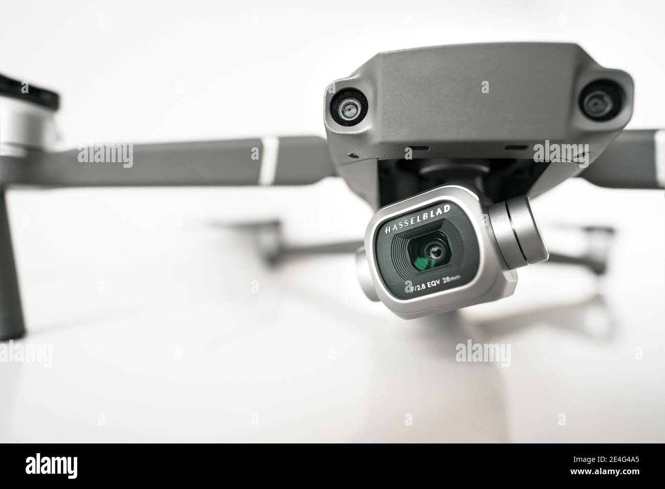 Close up of new dark grey DJI MAVIC PRO 2 drone isolated on gray background, 23.01.2021, Lisbon, Portugal Stock Photo