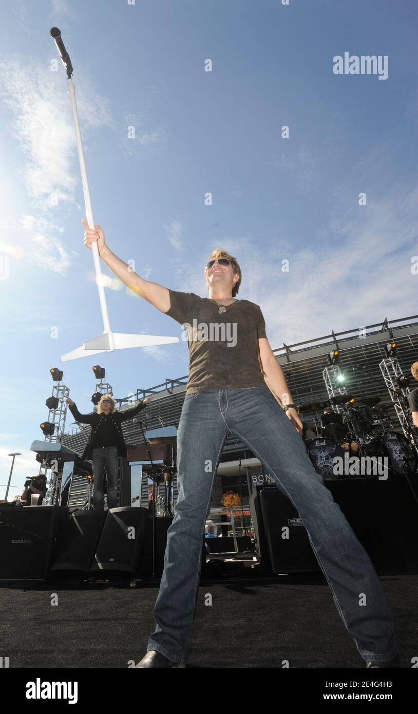 Bon Jovi lead singer Jon Bon Jovi performing during the concert outside the new Meadowlands Stadium during a special concert/media event in the Meadowlands, NJ, USA on October 22, 2009. Photo by Fernando Leon/ABACAPRESS.COM Stock Photo