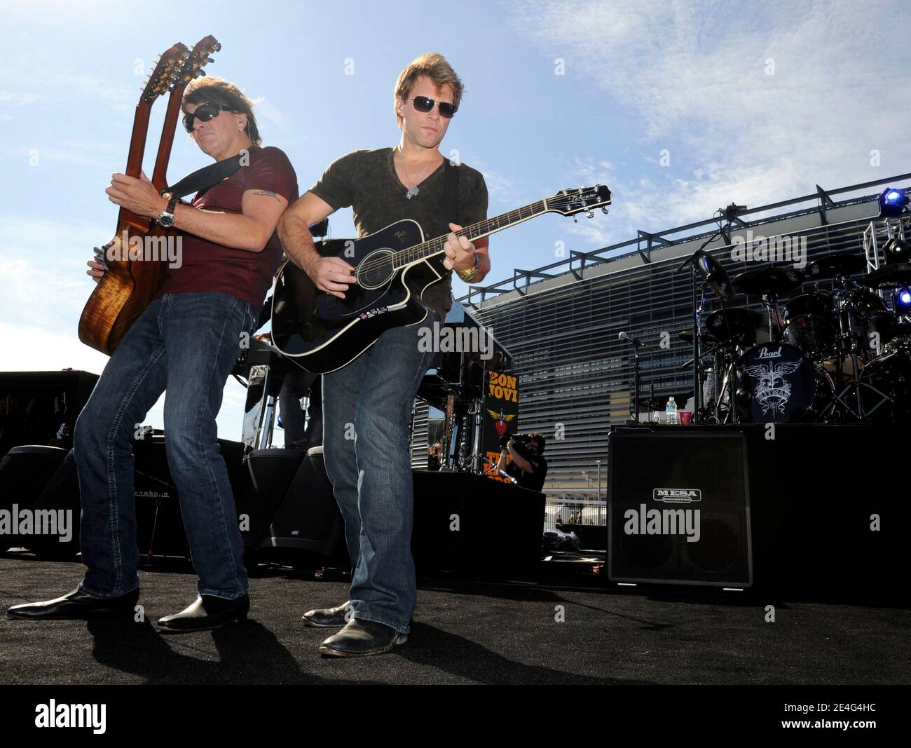 Bon Jovi guitarist Richie Sambora (L) and lead singer Jon Bon Jovi performing during the concert outside the new Meadowlands Stadium during a special concert/media event in the Meadowlands, NJ, USA on October 22, 2009. Photo by Fernando Leon/ABACAPRESS.COM Stock Photo