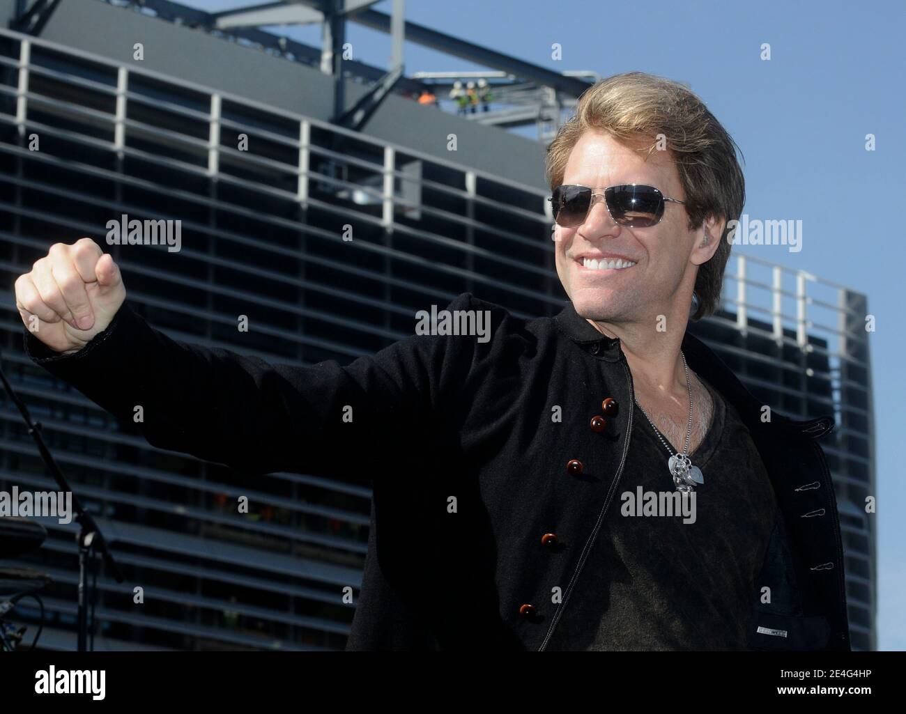 Bon Jovi lead singer Jon Bon Jovi performing during the concert outside the new Meadowlands Stadium during a special concert/media event in the Meadowlands, NJ, USA on October 22, 2009. Photo by Fernando Leon/ABACAPRESS.COM Stock Photo