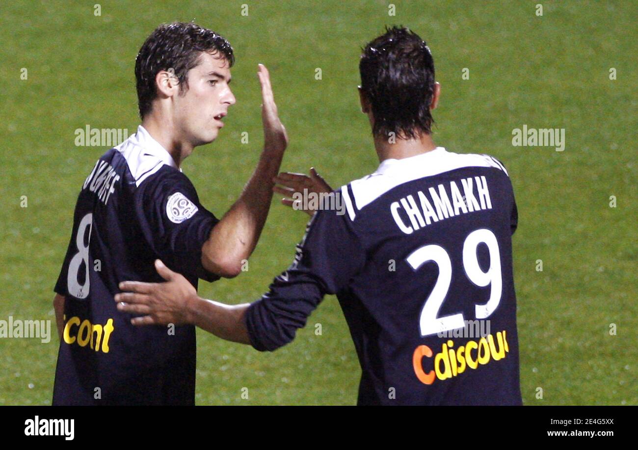 Bordeaux's Yoann Gourcuff and Marouane Chamakh celebrate during the French  First League Soccer Match, Girondins de Bordeaux vs Le Mans Union Club 72  at the Stade Chaban-Delmas in Bordeaux, France on October