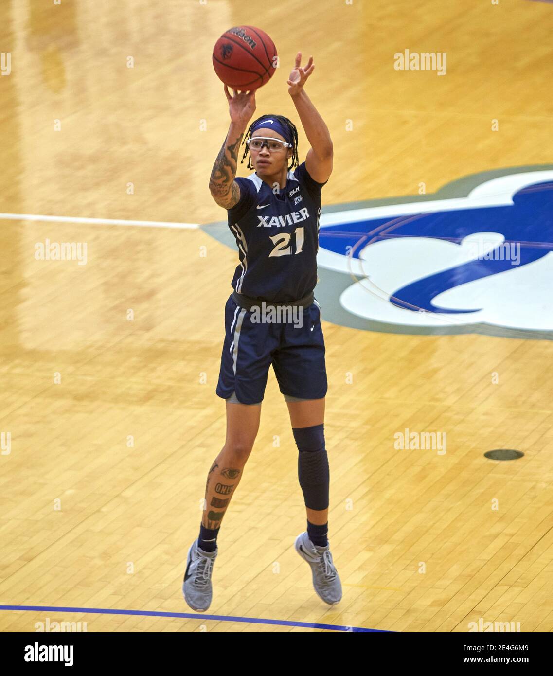 South Orange, New Jersey, USA. 23rd Jan, 2021. Xavier Musketeers forward A'Riana Gray (21) shoots a three point attempt in the second half at Walsh Gymnasium in South Orange, New Jersey. Seton Hall defeated Xavier 85-59. Duncan Williams/CSM/Alamy Live News Stock Photo