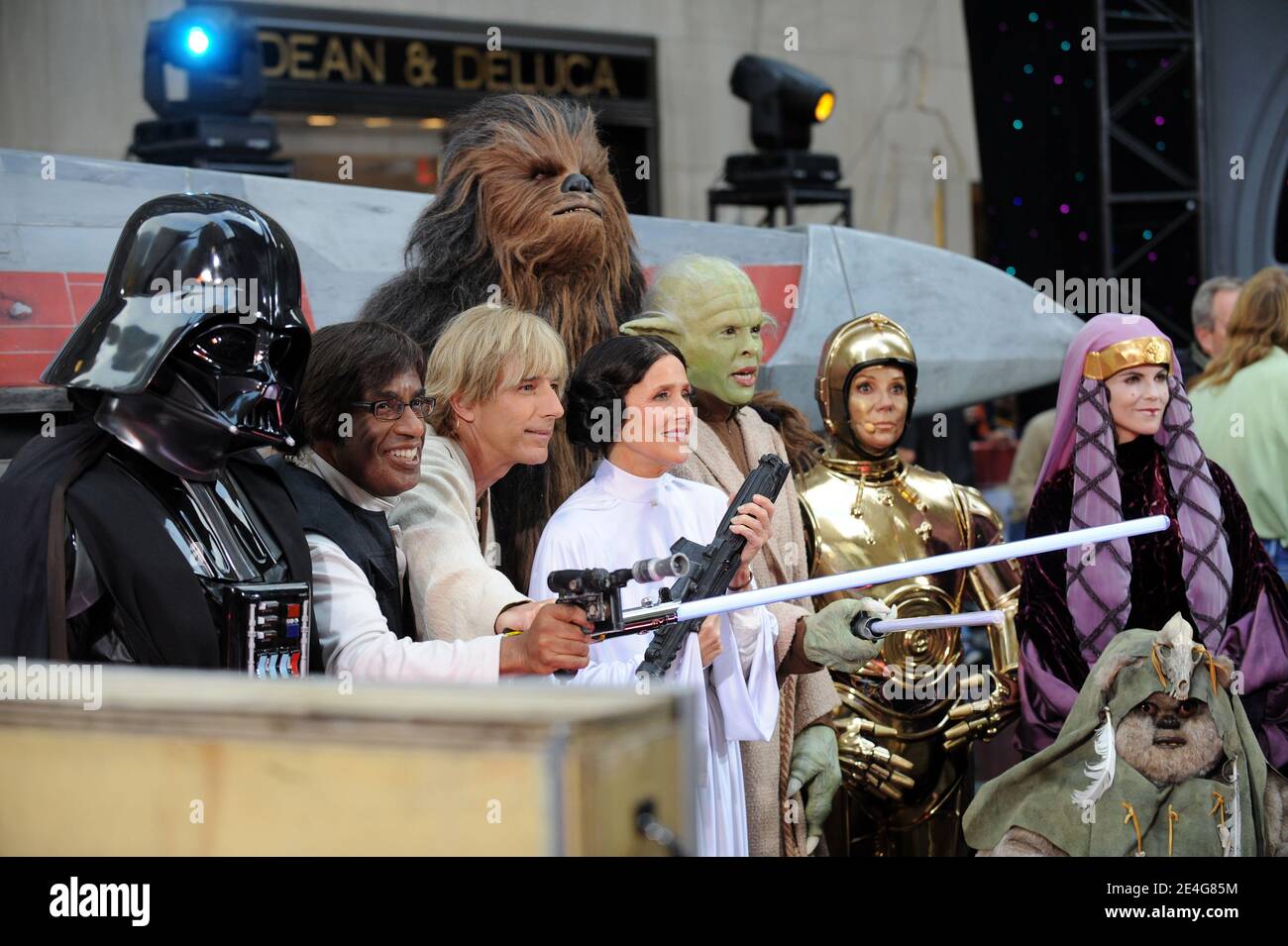 Ann Curry as Darth Vader, Al Roker as Han Solo, Matt Lauer as Luke Skywalker, Meredith Vieira as Princess Leia, Hoda Kotb as Yoda, Kathie Lee Gifford as C-3PO and Natalie Morales as Queen Amidala during the Halloween Celebration of the Today Show in New York City, NY, USA on October 30, 2009. Photo by Mehdi Taamallah/ABACAPRESS.COM Stock Photo