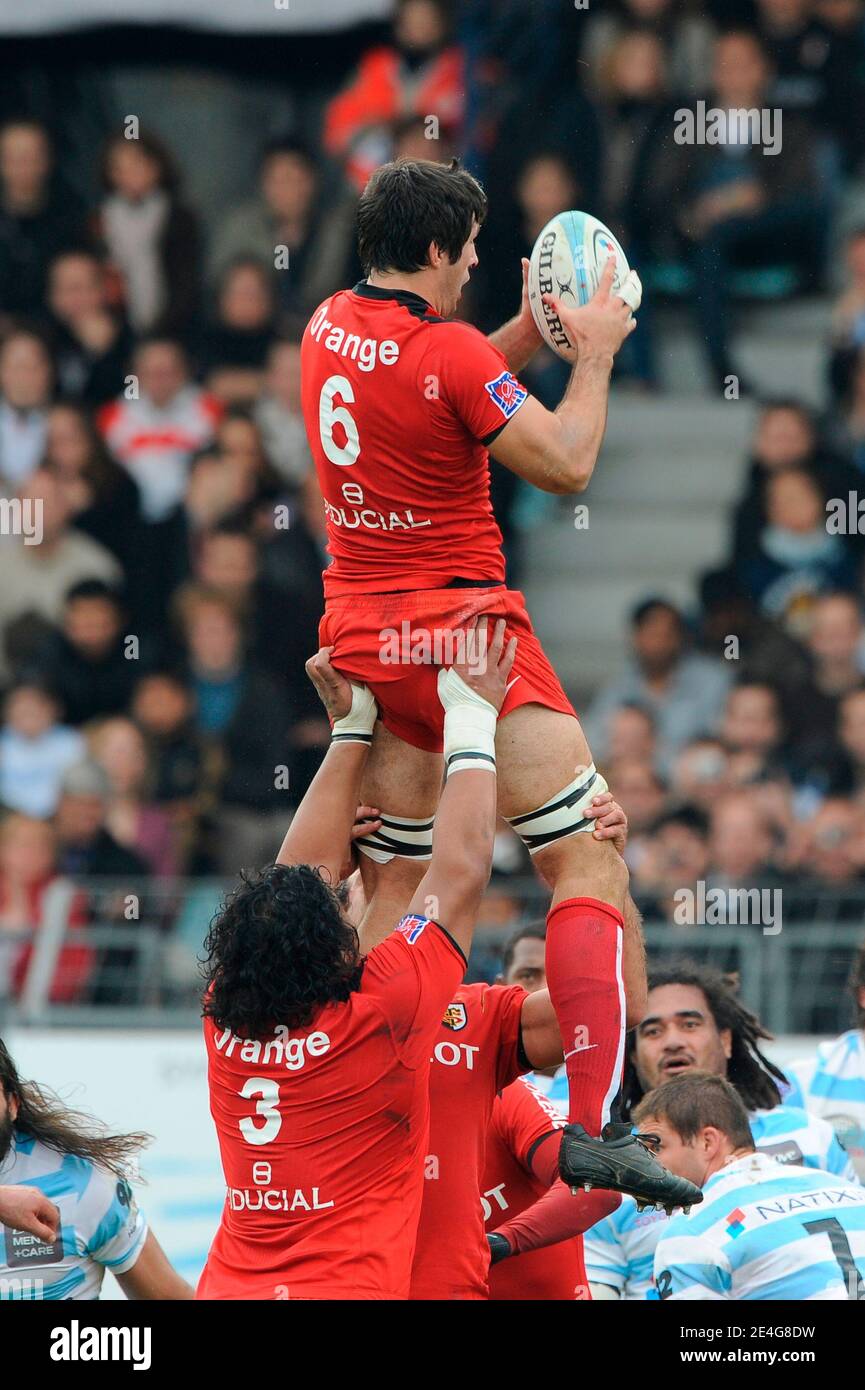 Toulouse's Jean Bouilhou takes the ball in airs during the French Top 14 rugby  match, Racing Metro 92 vs Toulouse at Yves-du-Manoir Stadium in Colombes,  France on October 31, 2009. Racing Metro