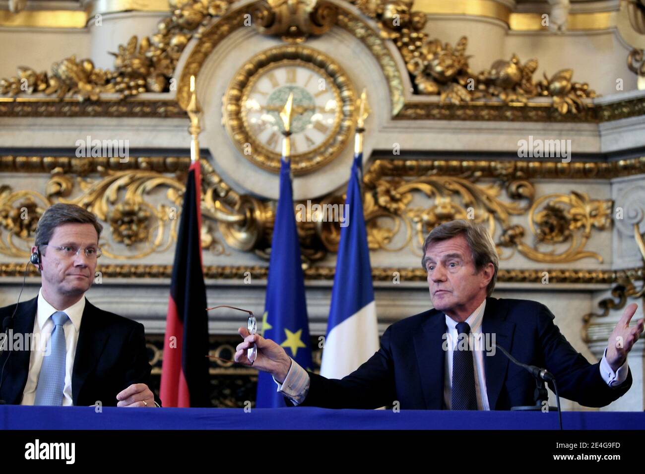 French Foreign Minister Bernard Kouchner holds a press conference with German Vice Chancellor and Foreign Minister Guido Westerwelle about European affairs, the situation in Middle East of Afganistan and in Iran at Quai d Orsay, Paris, France on November 2nd, 2009. Photo by Stephane Lemouton/ABACAPRESS.COM Stock Photo
