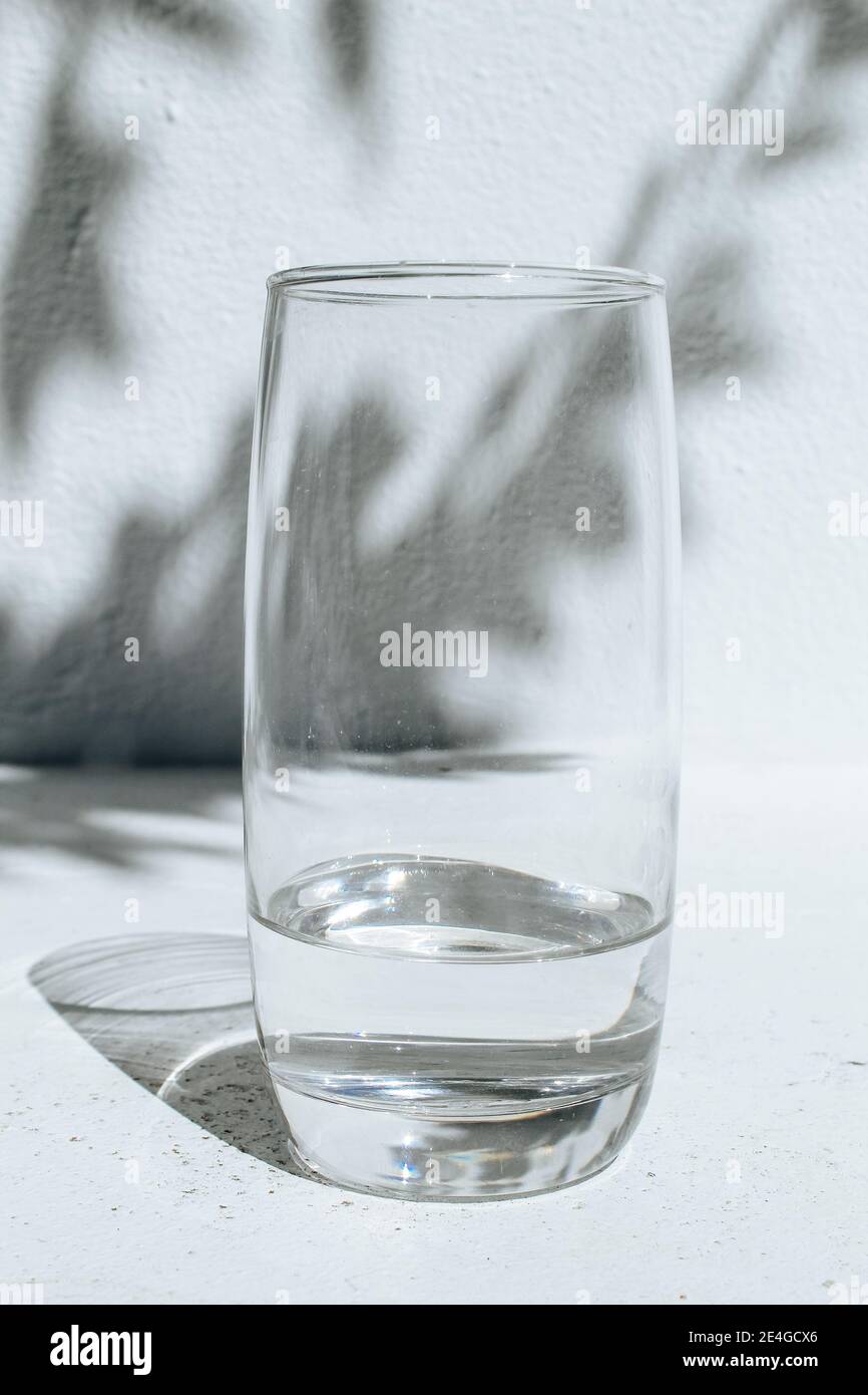 Glass of water standing in front of a white wall with shadows of leaves on a bright, sunny day Stock Photo