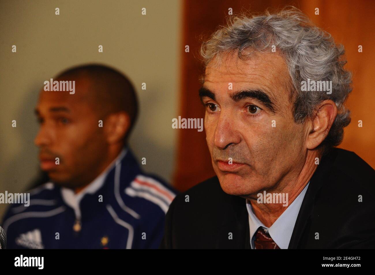 France's coach Raymond Domenech and France's captain Thierry Henry during a press conference before the World Cup 2010 Qualifying soccer match, Ireland vs France at Croke Park stadium in Dublin, Ireland on November 14, 2009. Photo by Steeve McMay/ABACAPRESS.COM Stock Photo