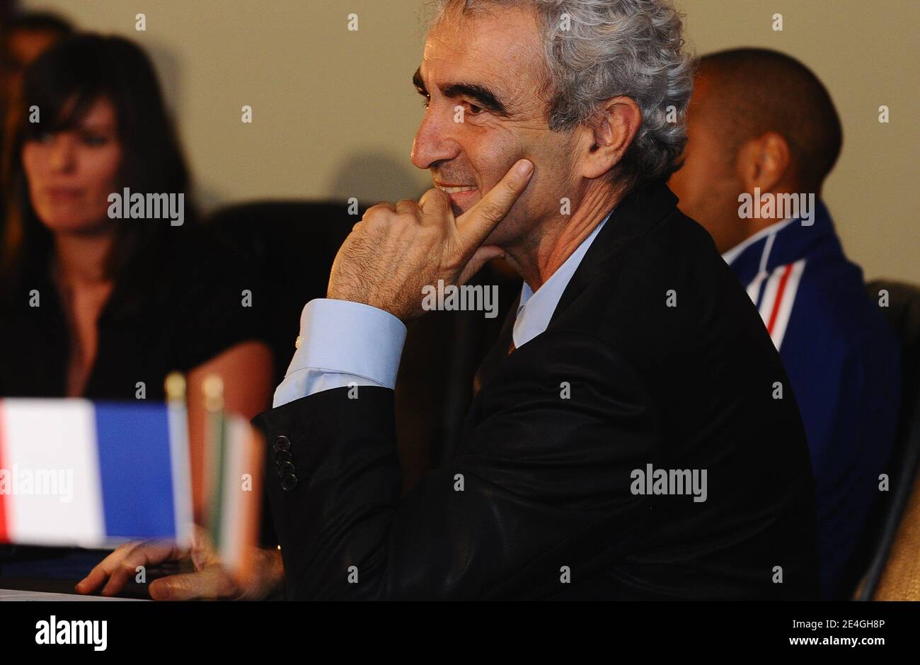 France's coach Raymond Domenech and France's captain Thierry Henry during a press conference before the World Cup 2010 Qualifying soccer match, Ireland vs France at Croke Park stadium in Dublin, Ireland on November 14, 2009. Photo by Steeve McMay/ABACAPRESS.COM Stock Photo